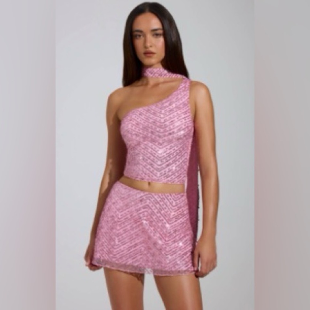 Pink Embellished Asymetrical scarf top & skirt set